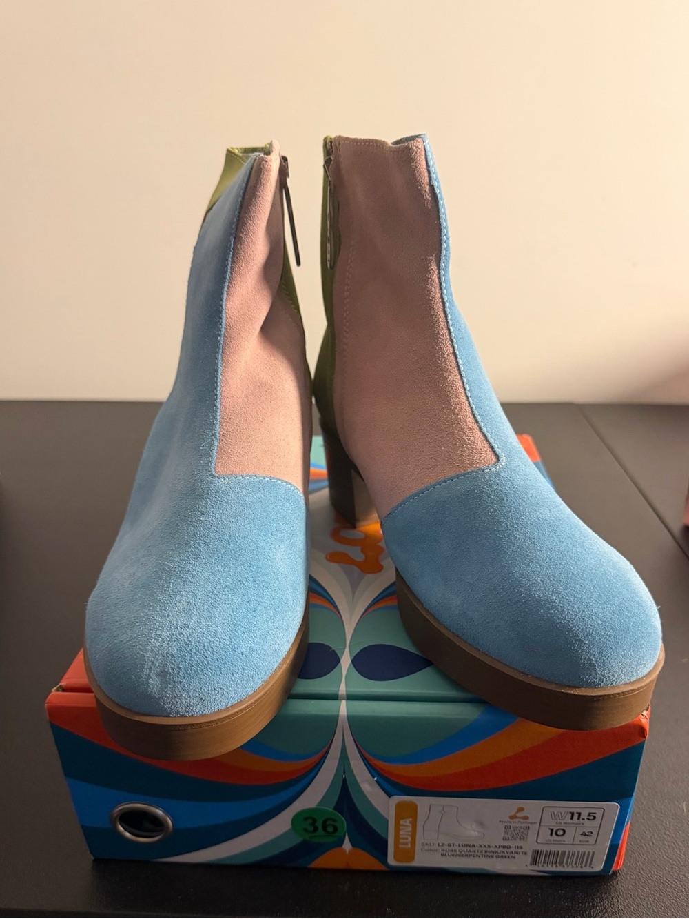 Two-Tone Suede Ankle Booties in Blue and Pink